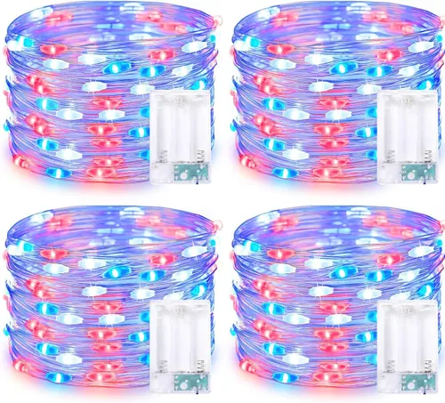 Vista 11 de JMEXSUSS 4 unidades de luces de hadas LED de 50 luces en púrpura y verde, luces de cadena de hadas operadas con batería, luces de 16 pies