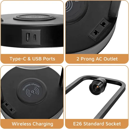 Vista 4 de Juego de 2 lámparas de mesa de carga inalámbrica para dormitorio, control táctil regulable con puertos USB tipo C y salida de CA, lámpara de mesita