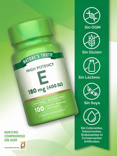 Vista 3 de Nature's Truth Cápsulas blandas de vitamina E 400 UI 180 mg 100 unidades Suplemento sin OMG y sin gluten
