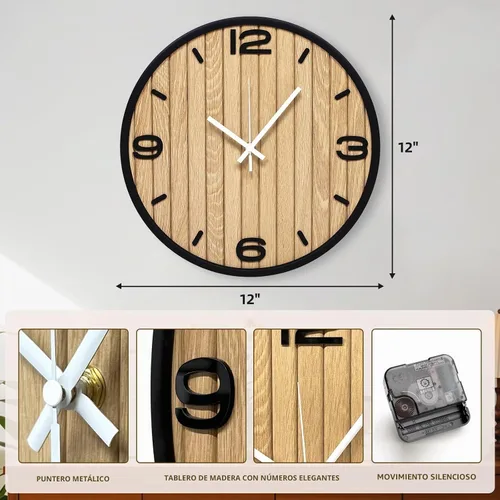 Vista 2 de Reloj de pared redondo de 12 pulgadas, funciona con pilas, de madera, analógico, sin tictac, de cuarzo, para apartamento, sala de estar, dormitorio