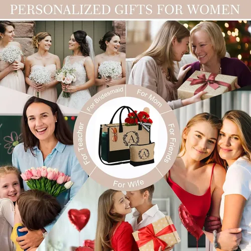 Vista 5 de YOOLIFE Regalos personalizados para mujeres, bolsa de yute con inicial y bolsa de maquillaje, regalos de cumpleaños para mujeres, mamá, esposa