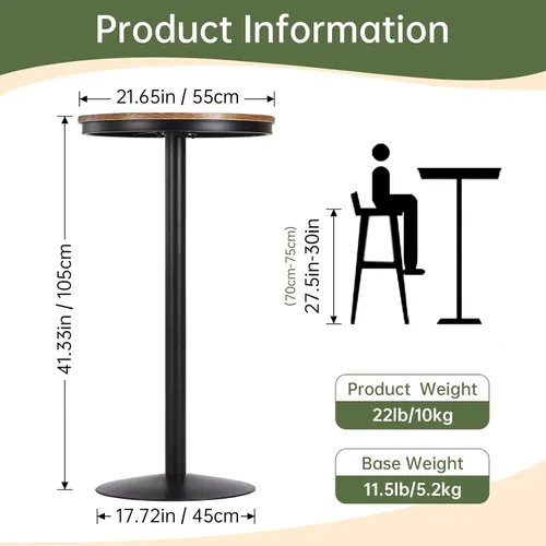 Vista 2 de Mesa de bar redonda de 42 pulgadas de altura con parte superior de madera maciza y base de metal resistente, mesa de pub industrial rústica