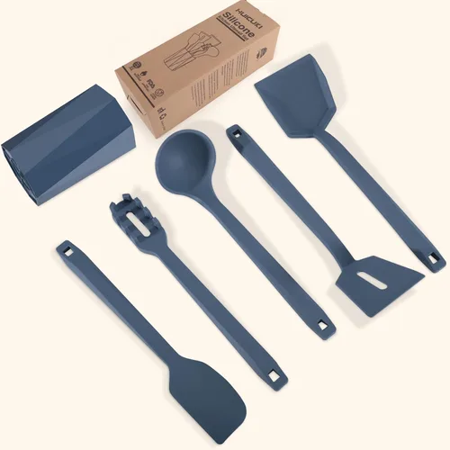 Vista 2 de Juego de 6 utensilios de cocina de silicona con soporte, 600F resistentes al calor, limpieza sin BPA