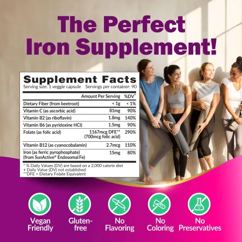 Vista 6 de LABO Nutrition Femme Iron Endosomal SunActive, suplemento de hierro no irritante de 15 mg para constructor de sangre, vegano, suave, sin regusto