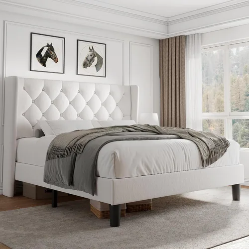 Vista 15 de iPormis - Base de cama tapizada de tamaño completo con cabecera capitonada con botones, base de cama tapizada con listones de madera sólidos, 20 cm
