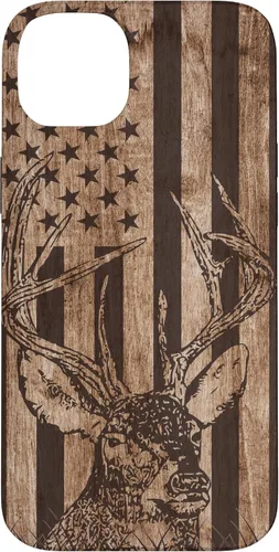 Vista 15 de Funda de madera para iPhone 16 con diseño de ciervo de cola blanca para caza cazador de bandera estadounidense