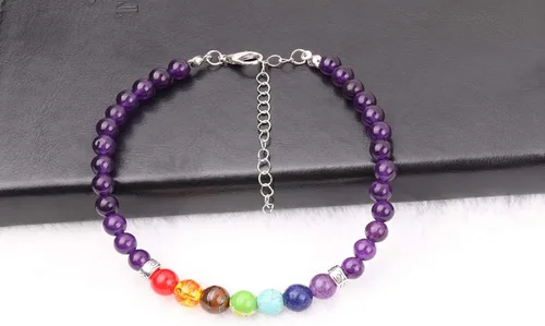Vista 4 de REEBOOOR Tobillera de 7 chakras, regalo de yoga, tobillera de chakras, joyería bohemia de amatista, pulsera de tobillo curativa, meditación