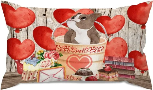 Vista 50 de Fundas de almohada lumbar con textura de madera rústica para perro en cubo, diseño de corazón rojo para el día de San Valentín, fundas de almohada