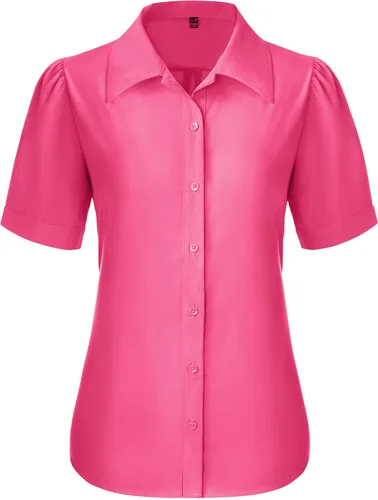 Vista 12 de Gleeivy Camisas de botones para mujer de manga corta abombada, camisas de vestir abotonadas con cuello ajustado, blusa superior de trabajo