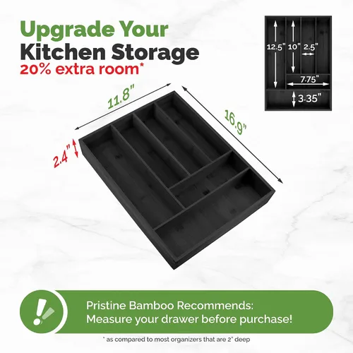 Vista 2 de Pristine Bamboo bandeja organizadora de cubiertos – Utensilios de mesa, cubiertos, soporte de cubiertos para cajón – Organizador de cajón de madera