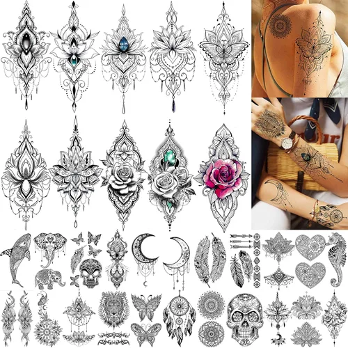 Vista 10 de 49 hojas de tatuajes temporales tribales negros para mujeres, hombres, adultos, brazo, cuerpo, de larga duración, lobo maorí, tigre, león, guerrero