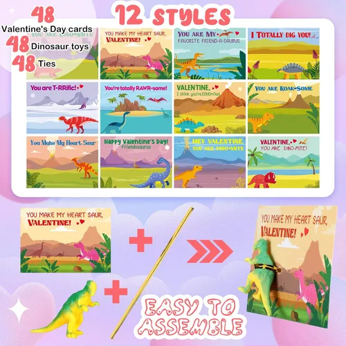 Vista 7 de Juego de 48 tarjetas para el día de San Valentín con juguetes de figuras de dinosaurio, tarjetas de dinosaurio, tarjetas de San Valentín
