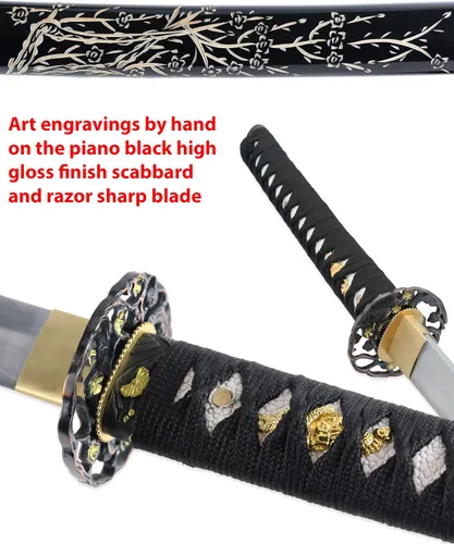 Vista 3 de Vulcan Gear Espada Katana Samurai japonesa clásica hecha a mano con vaina y soporte de madera de una sola espada, estilo elige tu mango (Tsuba)