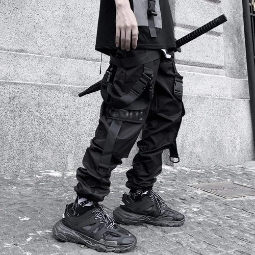 Vista 2 de XYXIONGMAO Ropa Techwear para hombre, pantalones de hip hop, ropa urbana negra, pantalones deportivos góticos, pantalones cargo tácticos para hombre