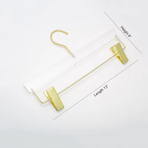 Vista 4 de HomeCube USA - Percha de acrílico transparente con ganchos y clips dorados, organizador resistente para faldas, pantalones y más, elegante diseño