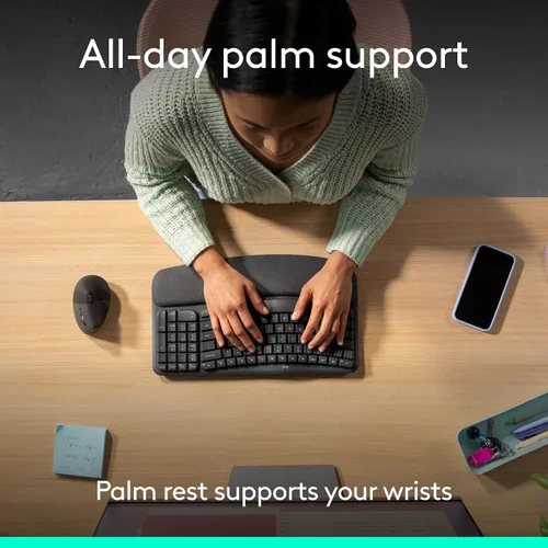 Vista 4 de Logitech Wave Keys - Teclado inalámbrico ergonómico con reposamanos, color grafito Para una postura de escritura natural, conecta hasta 3