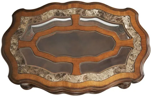 Vista 5 de Michael Amini Villa Valencia - Mesa de cóctel marrón de abedul de madera maciza con parte superior de vidrio y mármol, acabado castaño clásico