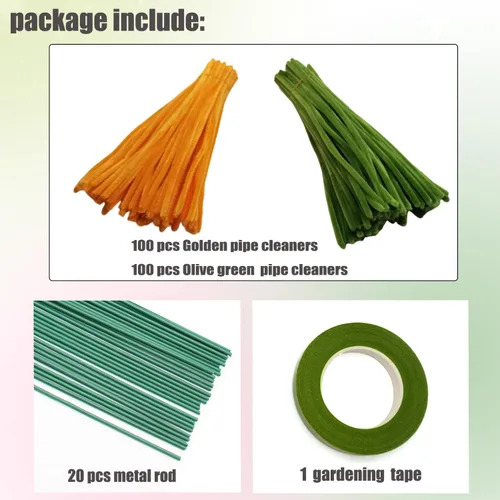 Vista 2 de Juego de 200 limpiapipas naranja verde oliva con alambres florales y cinta de jardinería, tallos de felpilla para hacer ramos de tulipanes, caqui