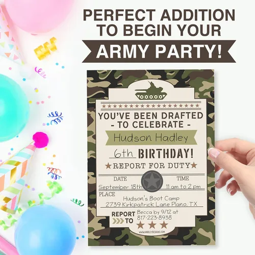 Vista 7 de 25 invitaciones de cumpleaños para niños, invitaciones de fiesta temática Camuflaje