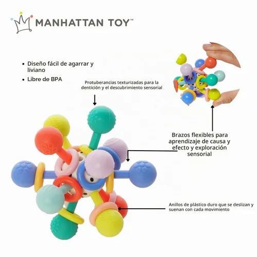 Vista 4 de Manhattan Toy Sonajero y mordedor de átomo Colorpop, juguete de agarre para bebé