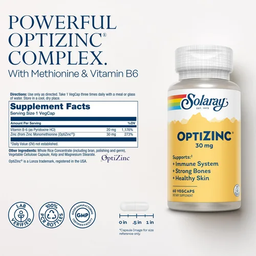 Vista 2 de SOLARAY OptiZinc Suplemento de apoyo inmunológico de 30 mg – Suplementos de zinc para hombres y mujeres con vitamina B6 – Huesos fuertes y apoyo a