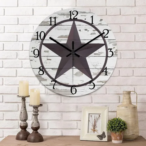 Vista 10 de Reloj de pared con diseño de país occidental de Texas, reloj de madera sin tictac, silencioso, funciona con pilas, con números grandes, reloj