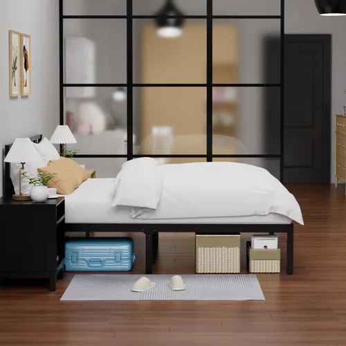 Vista 3 de Marco de cama de bambú tamaño Queen con cabecero, plataforma de cama sólida y estable con listones antideslizantes de soporte, cama alta, no Negro