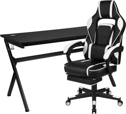 Vista 27 de Flash Furniture Juego de escritorio para juegos negro y silla de carreras blanco/negro con soporte para tazas, gancho para auriculares y soporte