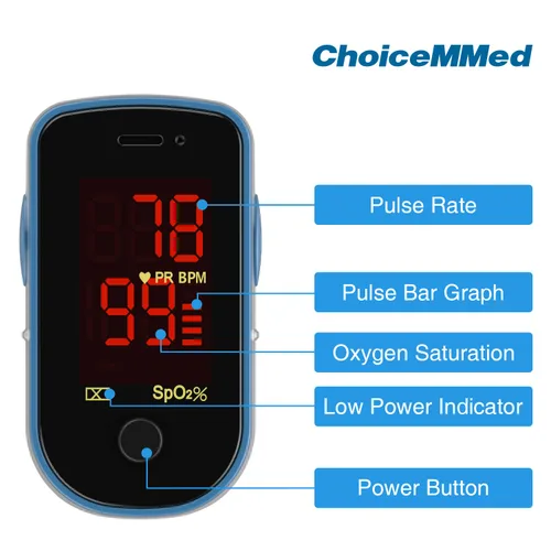 Vista 3 de CHOICEMMED Oxímetro de pulso de dedo, monitor de oxígeno en sangre azul con baterías, sensor de saturación de O2 portátil en bolsa de transporte