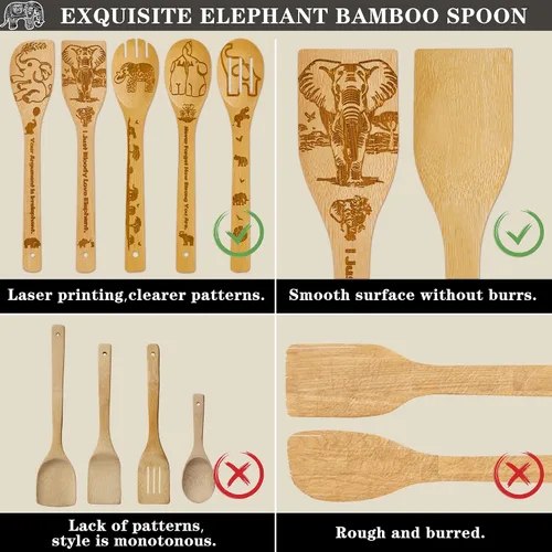 Vista 3 de Regalos de elefante para mujer, 6 cucharas de bambú de madera con soporte para utensilios para decoración del hogar, accesorios temáticos