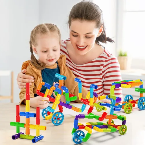 Vista 7 de burgkidz STEM - Bloques de construcción de tubo de aprendizaje para tubo, juguetes sensoriales con ruedas, placa base para todas las edades, niños