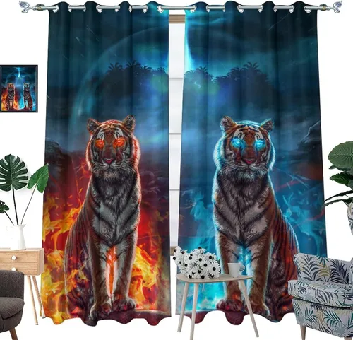 Vista 3 de Cool King of The Forest - Cortinas opacas con diseño de tigre anime, fantasía, animal, fuego, tigre, hielo, con ojales, ahorro de energía, 2