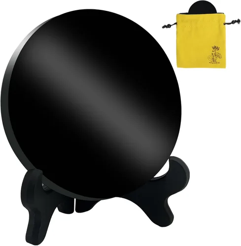 Vista 11 de Espejo de adivinación de obsidiana negra, espejo de obsidiana con soporte y bolsa para adivinación, meditación, curación, Feng Shui (100mm (4.0in))