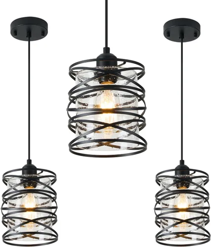Vista 9 de Paquete de 3 lámparas colgantes de vidrio esmerilado de 6.3 pulgadas, jaula de metal en espiral, mini iluminación colgante soplada a mano para isla