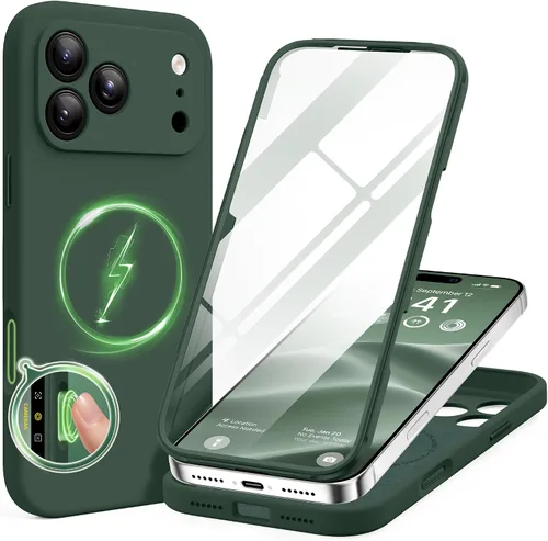 Vista 76 de BERFY Funda para iPhone 17 Pro Max, compatible con MagSafe, protector de pantalla de vidrio integrado, protección de cámara, funda de cuerpo