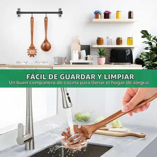 Vista 7 de Cucharas de madera para cocinar, juego de 2 piezas de utensilios de madera de cuchara de sopa y cuchara de pasta de espagueti con dientes, juego