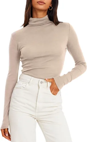 Vista 2 de Trendy Queen Camisas de manga larga con cuello alto falso para mujer, a la moda, básicas, ajustadas, suaves, térmicas, para otoño