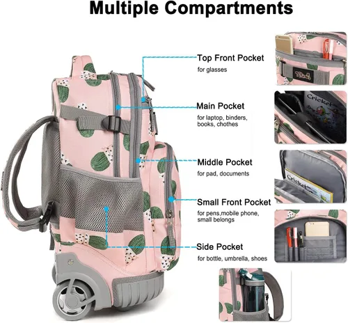 Vista 4 de Tilami Mochila con ruedas, mochila para laptop de 19 pulgadas con ruedas y lonchera, Cactus, 18 pulgadas