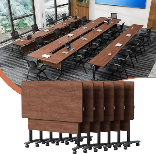 Vista 51 de Mesa de conferencias plegable con ruedas, mesa modular para sala de conferencias con 2 ojales para cables, mesas móviles de sala de reuniones