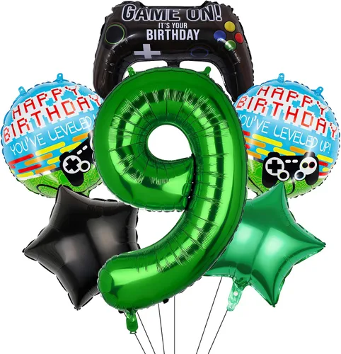 Vista 8 de 6 globos de videojuegos, controlador de videojuegos, globo de aluminio de tereftalato de polietileno con número de cumpleaños, suministros de fiesta