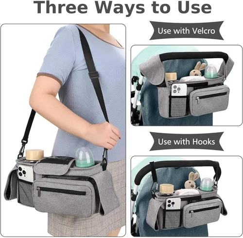 Vista 6 de Organizador universal para cochecito con portavasos aislado, bolsa desmontable para teléfono y correa de transporte, se adapta a Uppababy, Baby claro
