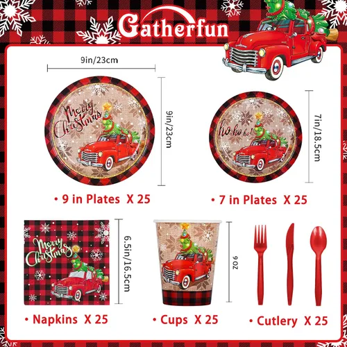 Vista 2 de Suministros de fiesta de Navidad, platos de papel desechables, servilletas, vasos, cuchillos, cucharas, tenedores, mantel para decoraciones
