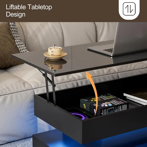 Vista 5 de IKIFLY Mesa de Centro Moderna con Tapa Elevable, Alto Brillo con Luces LED de 16 Colores, Tapa Elevable con 2 Cajones y Compartimento Oculto