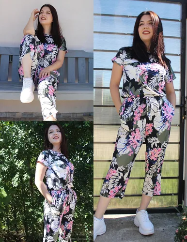 Vista 3 de EkouaerCapriPajamasforWomenSetFloralPrintShortSleeveSleepwear TopsandCapriPants 2 Peice Lounge SetswithPockets