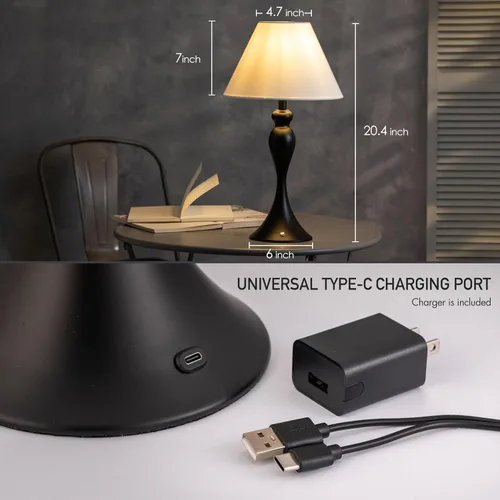 Vista 4 de O'Bright Ember - Lámpara de mesa inalámbrica, recargable, regulable al tacto, funciona con pilas, bombilla LED E26, carga rápida tipo C, lámpara