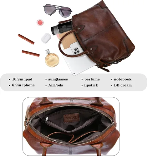 Vista 7 de HESHE Bolso de mano de cuero genuino para mujer, bolso de cuero de gran capacidad, bolso de mano con asa superior, bolso de médico vintage