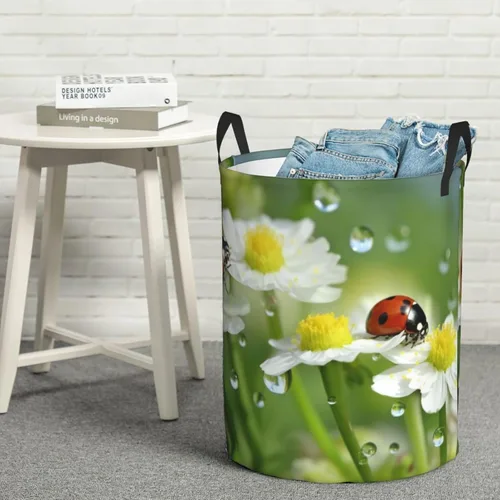 Vista 8 de Summer Ladybird Flowers print Circular Hamper Waterproof Storage Bin Organizer Basket Laundry Hamper With Handles For Clothes Toys Small