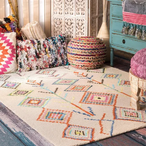 Vista 15 de NuLOOM Belini Alfombra de lana con acento a mano, 2 pies x 3 pies, color marfil Nuloom Belini Trellis - Alfombra de lana para sala de estar