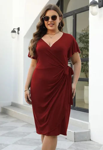 Vista 2 de Nemidor NEM389 - Vestido cruzado de imitación fruncido para mujer, talla grande, manga con volantes, vestido de trabajo casual para fiesta