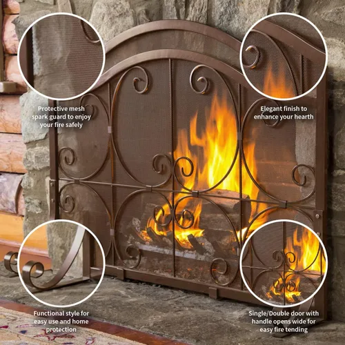 Vista 7 de Protector de chimenea con diseño de espirales, de hierro forjado con malla metálica Cobre